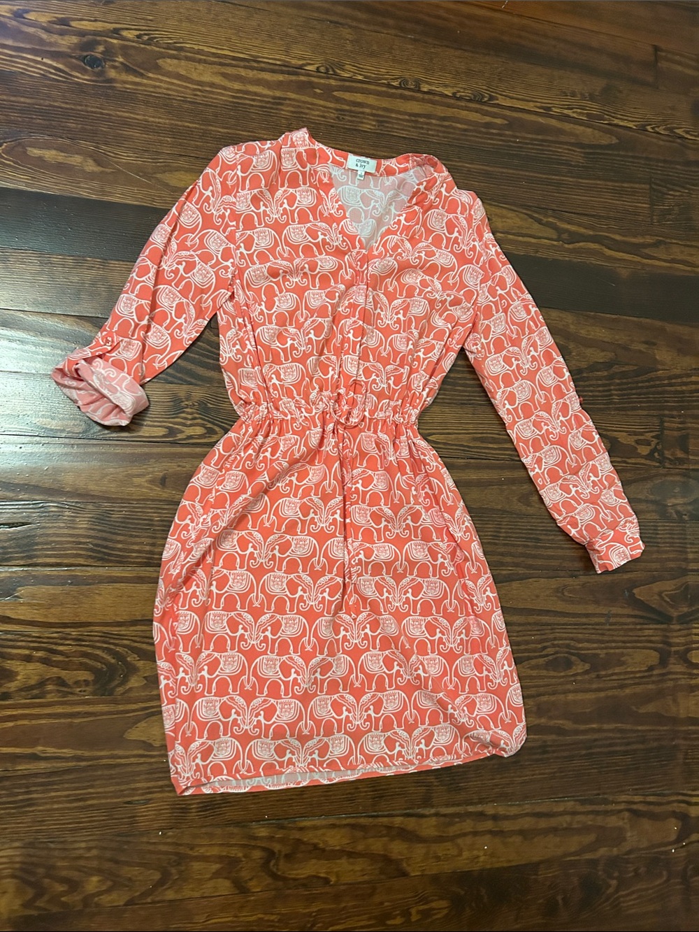 crown & ivy Coral and White Elephant Print Shirt Dress